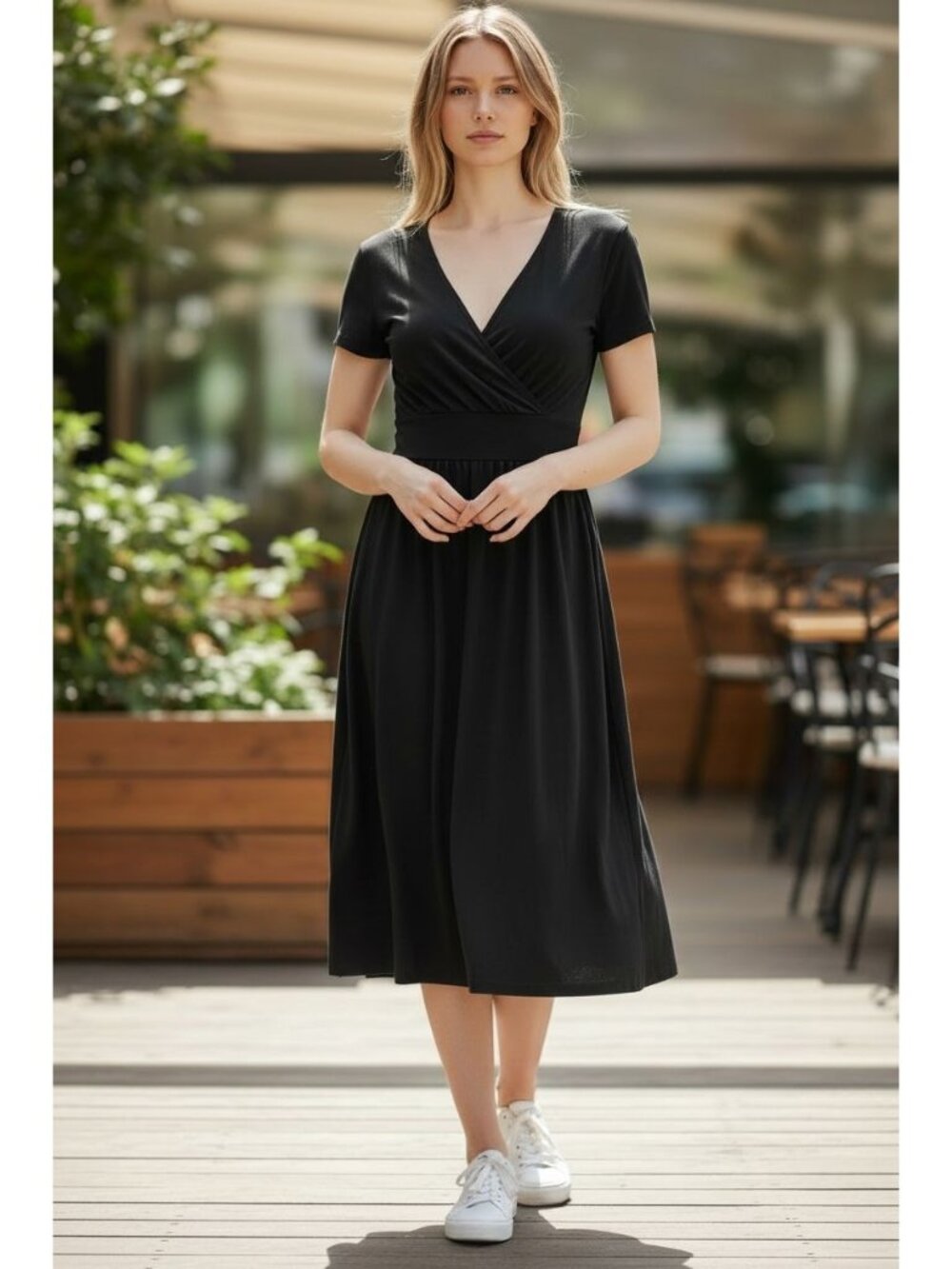 Newshows Womens Medium Black Wrap Short Sleeve Midi Dress Size M 95% Cotton NEW